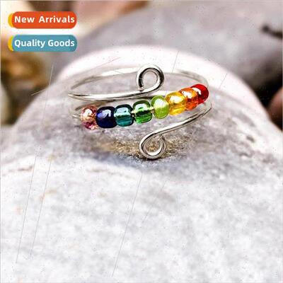 New Rainbow Beads Womens Relief Ring Rotatable Anti-Anxiety