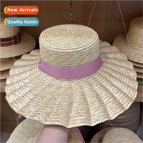 French lacing tie flat top wavy edge straw straw hat female