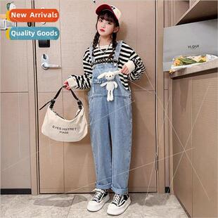 and fall denim Girls section pants backpack spring suit chil