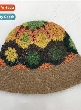 Japanese hand-knitted wool fishermans cap crocheted flowers