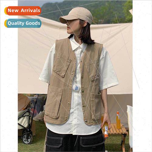 Japanese v-neck work vest men and women retro  loose multi-p