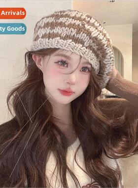 Japanese sweet striped color blocking knitted beret autumn a