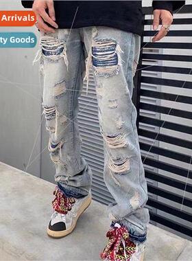 American high set patch ripped jeans mens hip-hop washed des