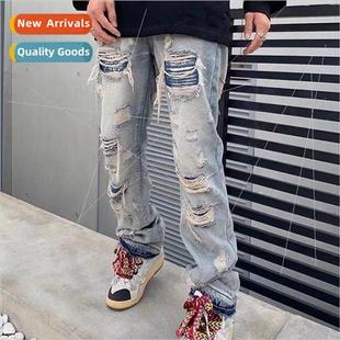 American high set patch ripped jeans mens hip-hop washed des