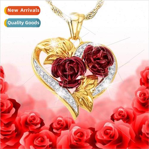 Love Red Rose Necklace Fashion Jewelry Heart Diamond Pendant