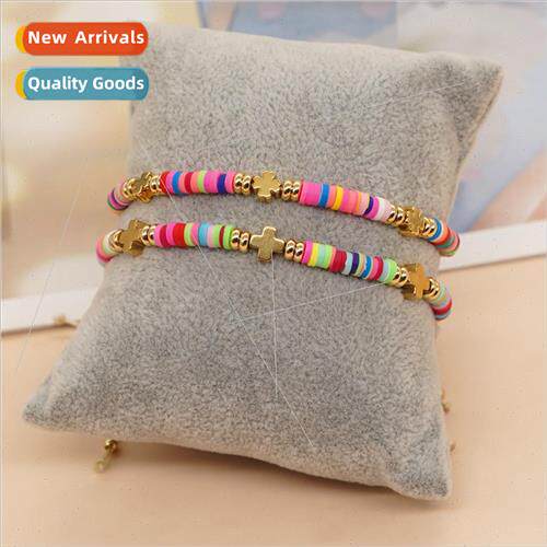 Beach Style Colorful Soft Ceramic Pieces Beaded Gold Cross F