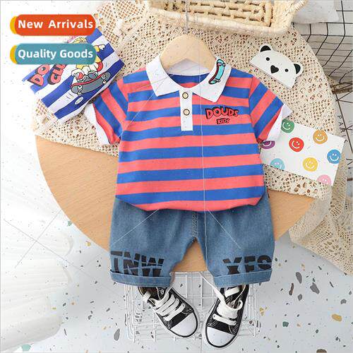 Childrens short-sleeved striped suit thin baby two-piece boy