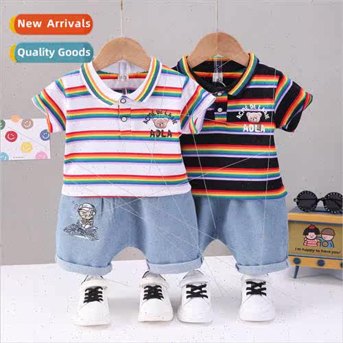 2023 childrens new color striped dinosaur lapel short-sleeve