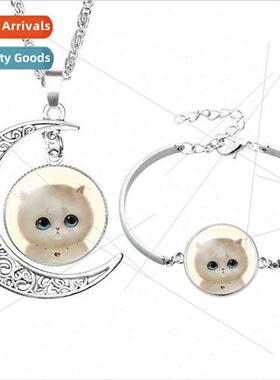 Cute Cartoon Cat Necklace Bracelet Time Gemstone Set of 2