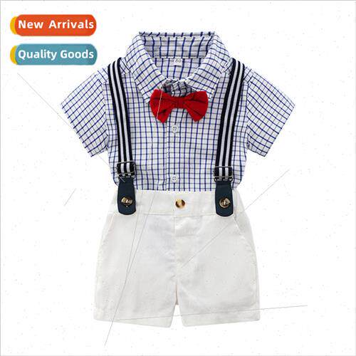 New boys summer suit blue plaid cardigan strappy shorts two-