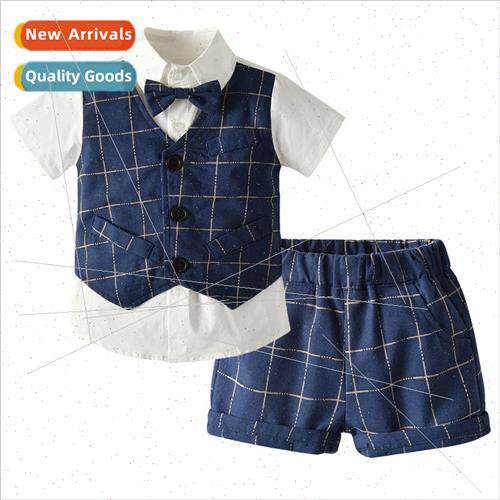 ins boys suit summer childrens fake two-piece set plaid vest