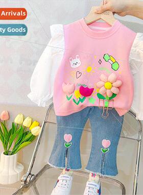 Spring childrens Korean  of the girls top jeans two-piece ne