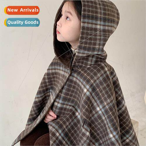 Childrens cape 2023 winter  girls Korean  of the plaid hoode