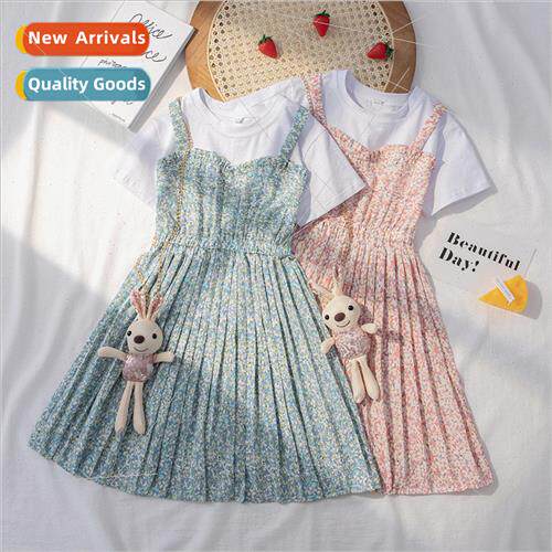 Girls floral pleated back dress summer 2023 new middle and l