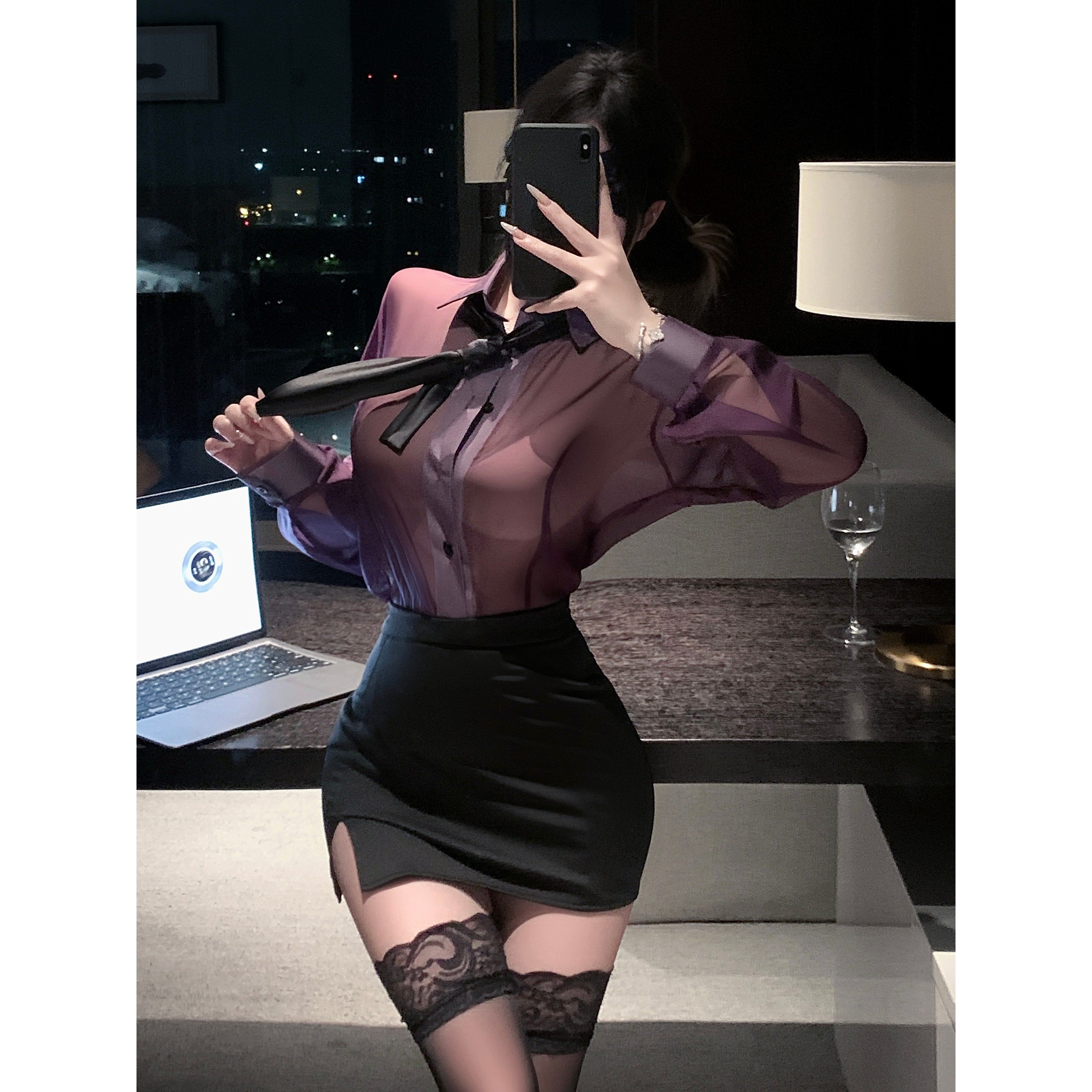 性感风紫色OL秘书制服女透视衬衫包臀裙纯欲角色扮演套装大码qqny