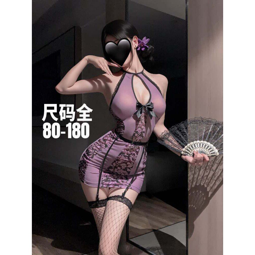 大码性感紫色肚兜女制服镂空蕾丝包臀裙纯欲内衣套装qqny紧身趣味