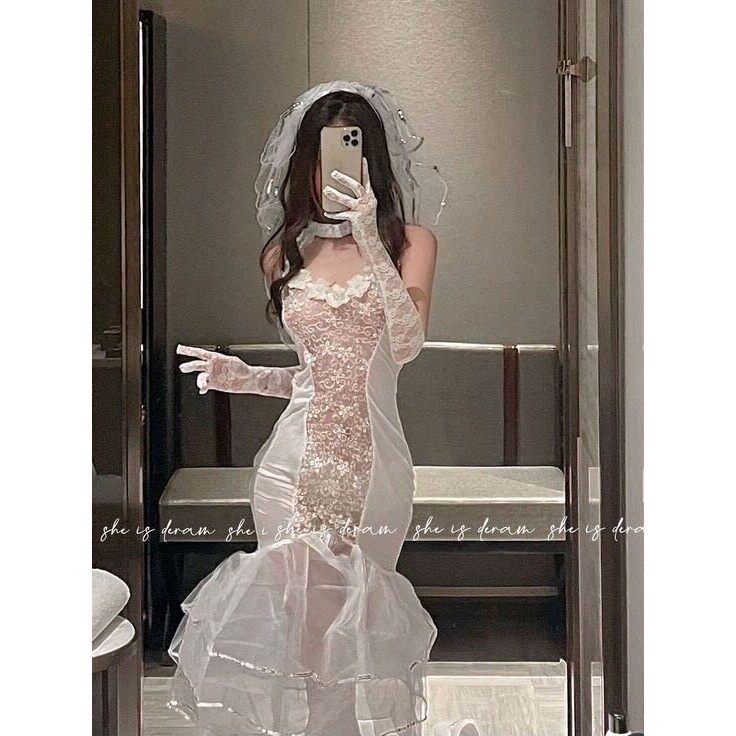 情趣新娘高级款性感婚纱连衣裙制服魅力刺绣蕾丝透视长裙角色扮演