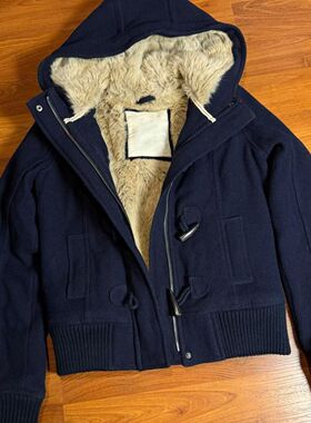 美式复古设计感蓝色连帽夹克女2025秋冬气质百搭高级感牛角扣外套