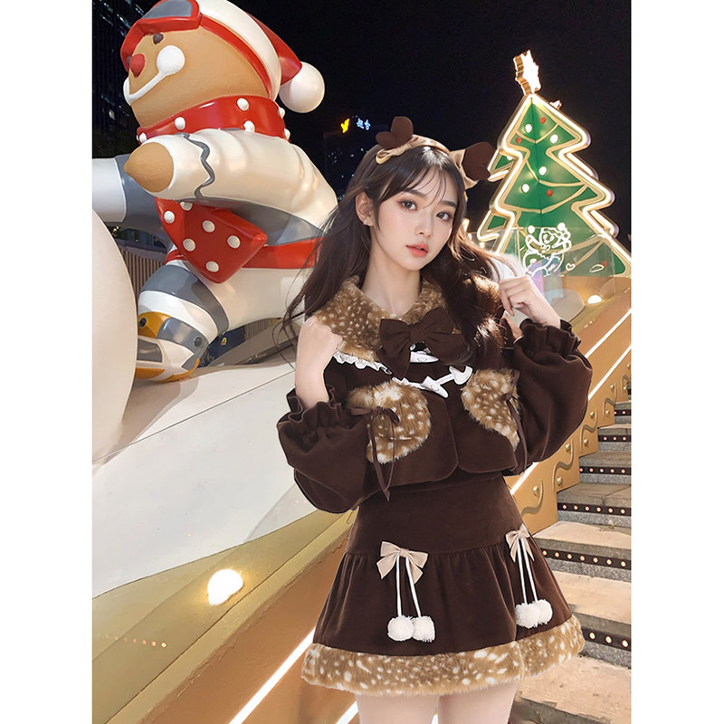 2025冬季新款甜美森系洛丽塔套装拼接蝴蝶结外套+短款半裙两件套