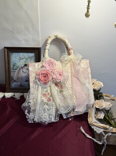 GFmin原创手作粉色甜美纯欲婚小中号托特包布艺玫瑰包手提包