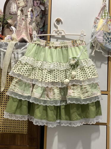 原创GFMin手作拼接小碎花半身裙粉色花边短裙蛋糕蓬蓬裙