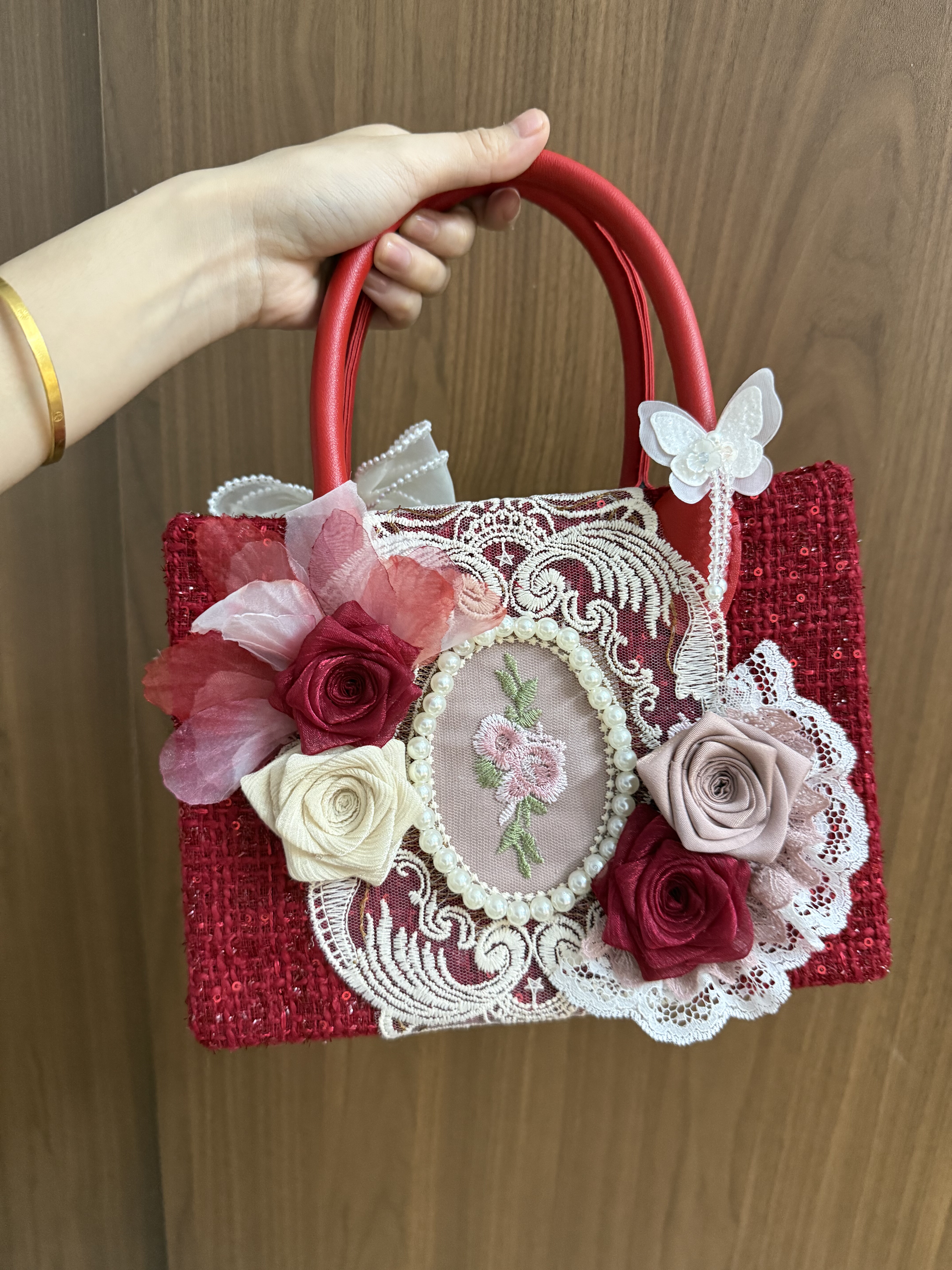GFMin原创手作仙女婚包小香风细闪手提包蕾丝花边手提婚包
