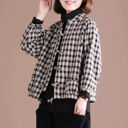 纯棉麻秋冬新款加绒加厚文艺复古上衣宽松大码显瘦格子外套女短款