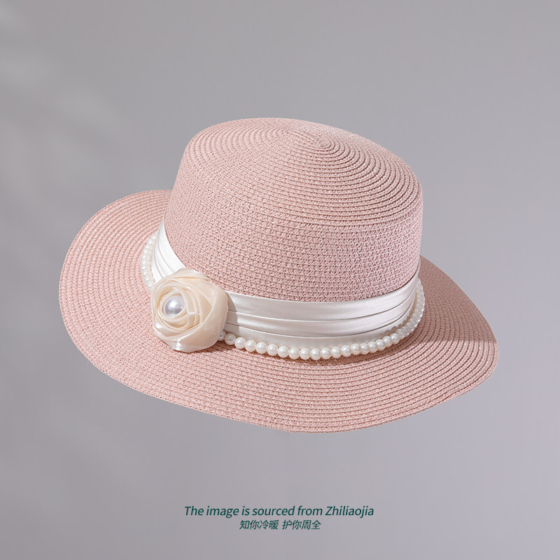 粉色法式名媛风平顶帽女优雅时尚花朵珍珠草帽度假防晒遮阳帽百搭