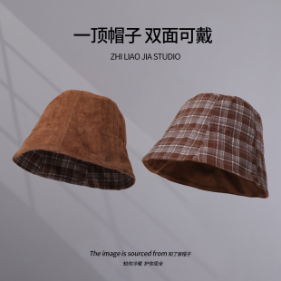 韩系格纹双面可戴渔夫帽女款秋季薄款显脸小百搭盆帽防晒遮阳帽子