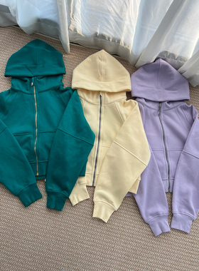 外贸scub女士宽松款全拉链连帽卫衣秋冬运动休闲拉绒外套奶油黄