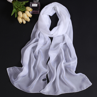 100%桑蚕丝纱巾女士白色长条丝巾春季薄款防晒围巾高级感护颈两用