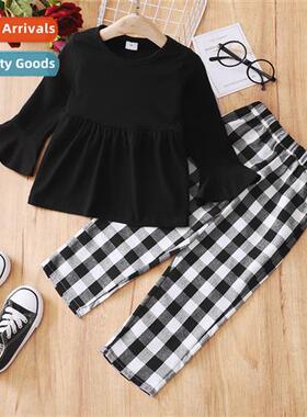 Girls Spring  Autumn 2022 New n Flared Sleeve Top + Plaid Pr