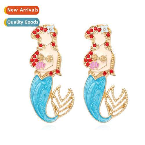 alloy diamd mermaid earrings retro oil drop character modeli