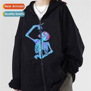Skull Zipper Sweatshirt 2023Y2K Winter Gothic Fall Fle Dark