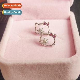 female copper kty inlaid zirc earrings carto cute cat