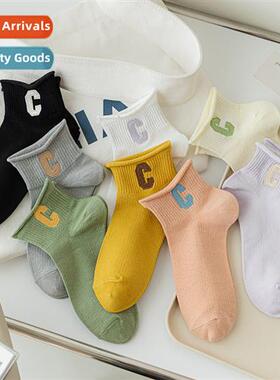 Big C letter mid-calf socks womens summer thin letters embro