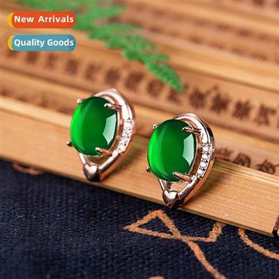 Vintage ethnic style teardrop-shaped green chalcedy earrings