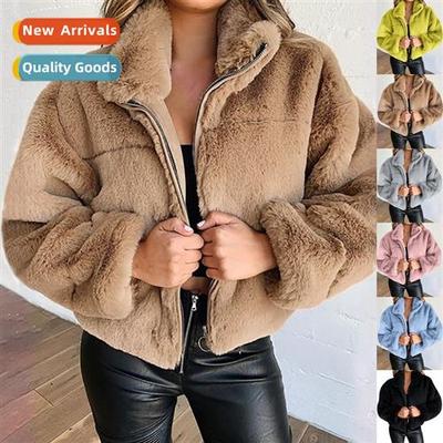 2023 Womens Autumn  Winter Rabb Fur Faux Fur Zipper Cardigan