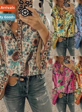 Autumn New Peacock Printed Loose Blouse Butt Lg Sleeve Shirt