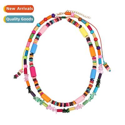 Exaggerated ethnic style double wooden beads necklace atmosp