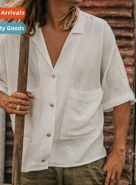 2023     mens linen medium-sleeved T-shirt loose sweater sol