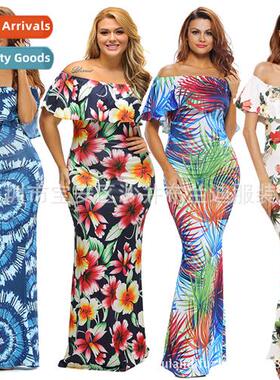 New Fat MM sexy strapless ruffled e-line collar printed big