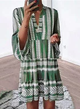 Dress Summer 2023 New Printed Dresses Loose Fashi V-Neck Chi