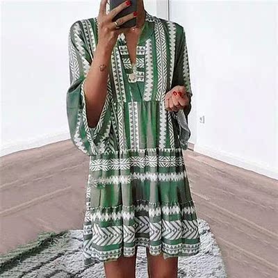 Dress Summer 2023 New Printed Dresses Loose Fashi V-Neck Chi