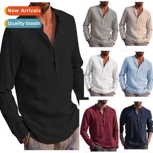 sleeved linen Mens shirt beach casual 2021 neck