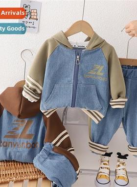 2023 new childrens hooded colorblocking denim su sports autu