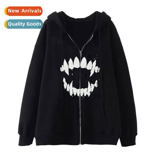 2023Y2K Dark Gothic Skull Tooth Zipper Sweatshirt Fall  Wint
