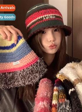 Autumn and winter retro color blocking warm fisherman hat hi