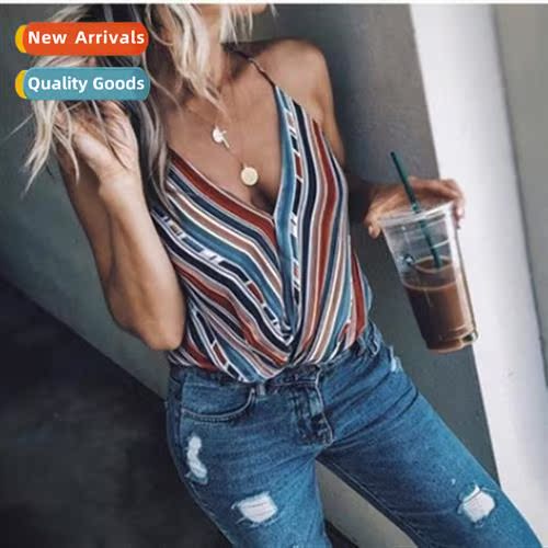 2023 Spring Summer Hanging Neck Printed Stripe Sleeveless Wo