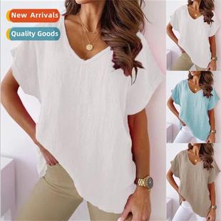 Short Shirt Solid Neck Sleeve Linen Cott Color Summer 2021